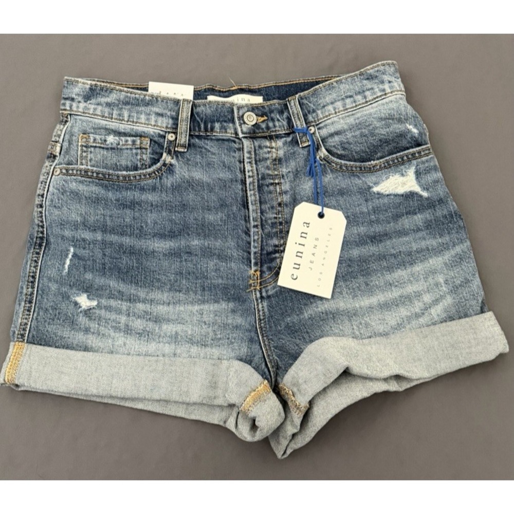 NWT Eunina Mom Shorts Womens Size Large Blue Ultra High Rise Distressed Stretch